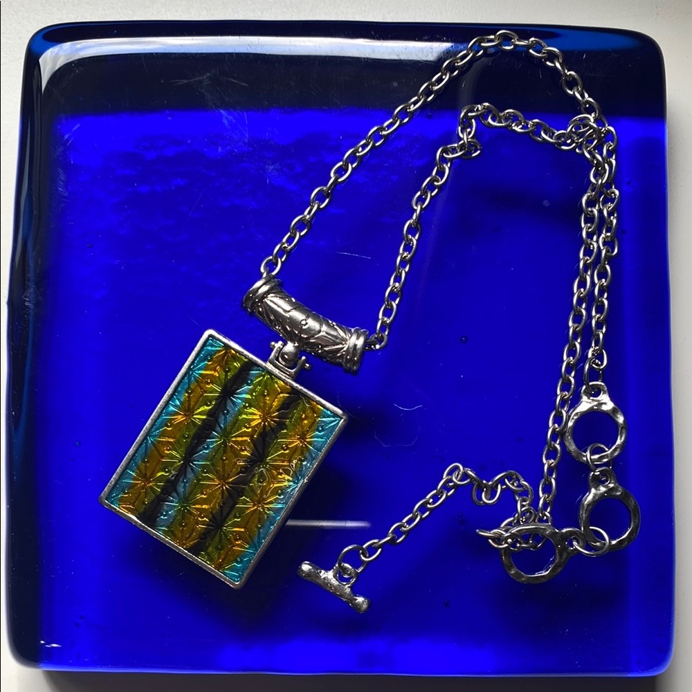 Blue and Gold-tone Pendant Necklace with silver-tone chain.  EUC
